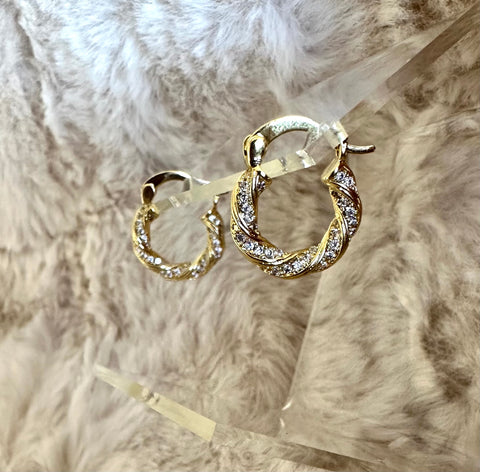 Tiny Twisted Gold Hoops - Crystal