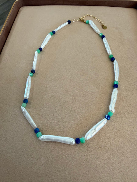 Oceans Biwa Pearl Necklace - Biwa pearl and gemstones