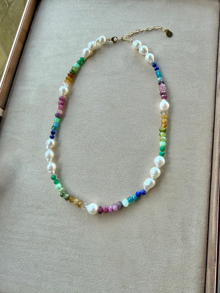 Rainbow Glow Necklace - Gemstone and baroque Pearl