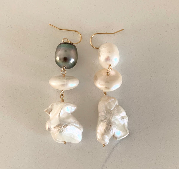 Salt and Pepper Tahitian and Baroque Pearl Earrings